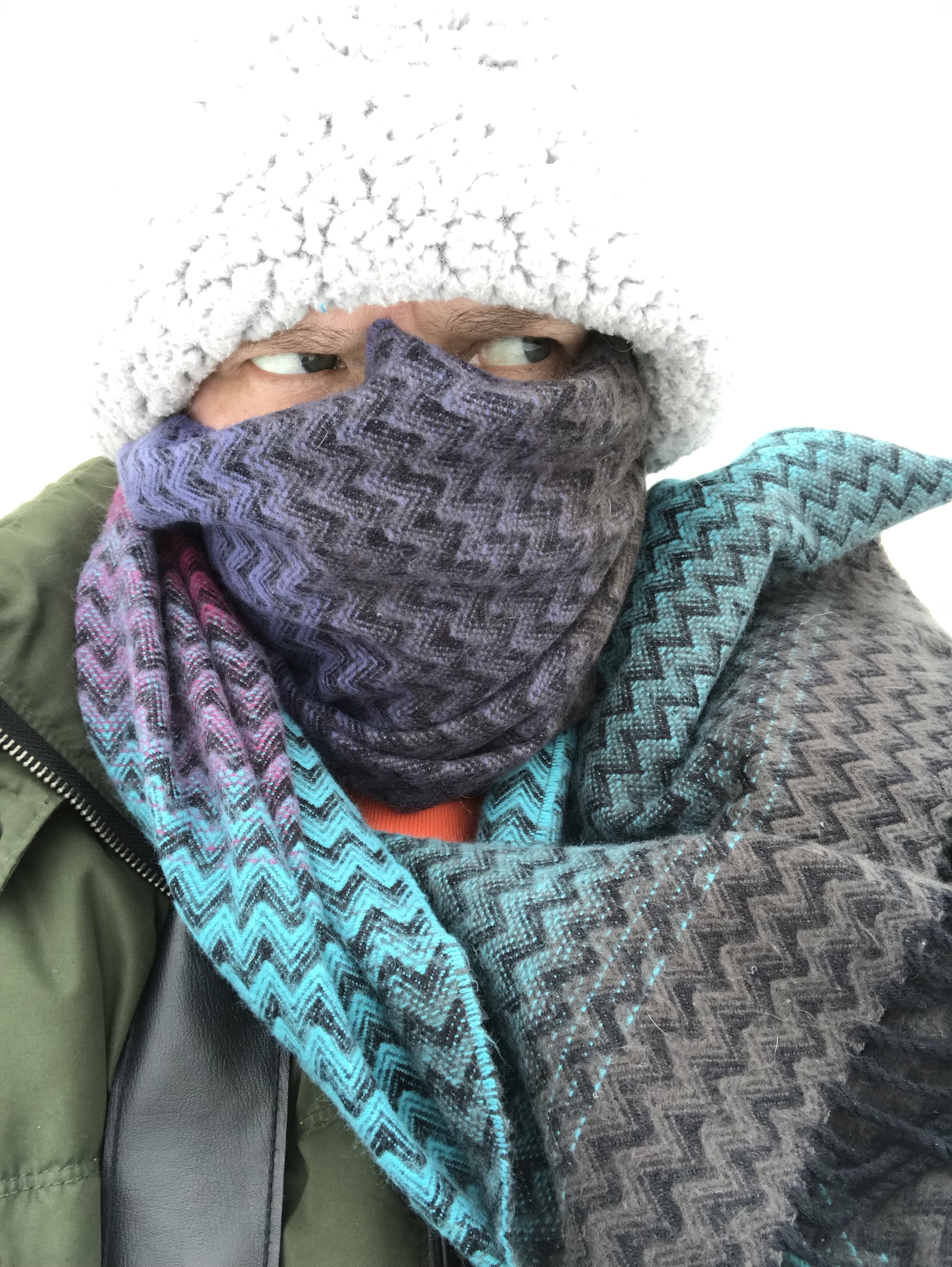 persons with winter hat and face all wrapped up in a scarf