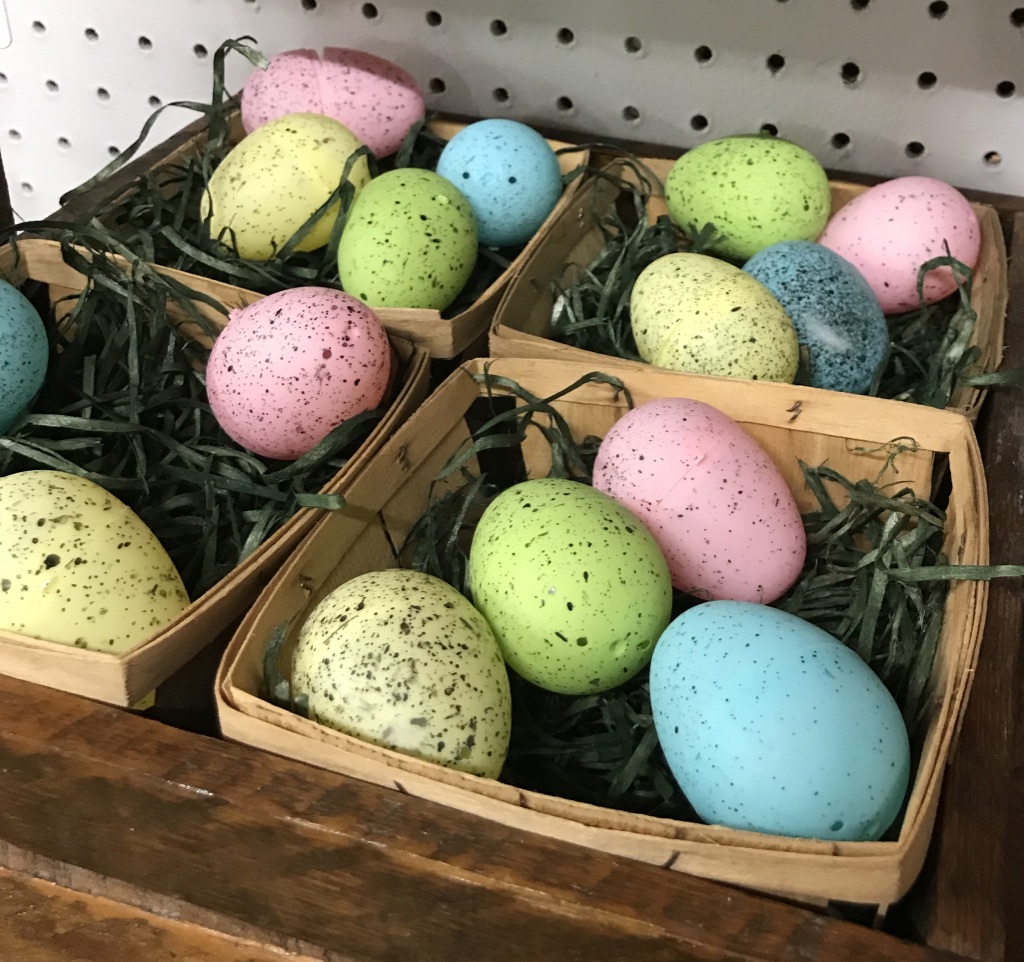 Baskets of colored Easter eggs