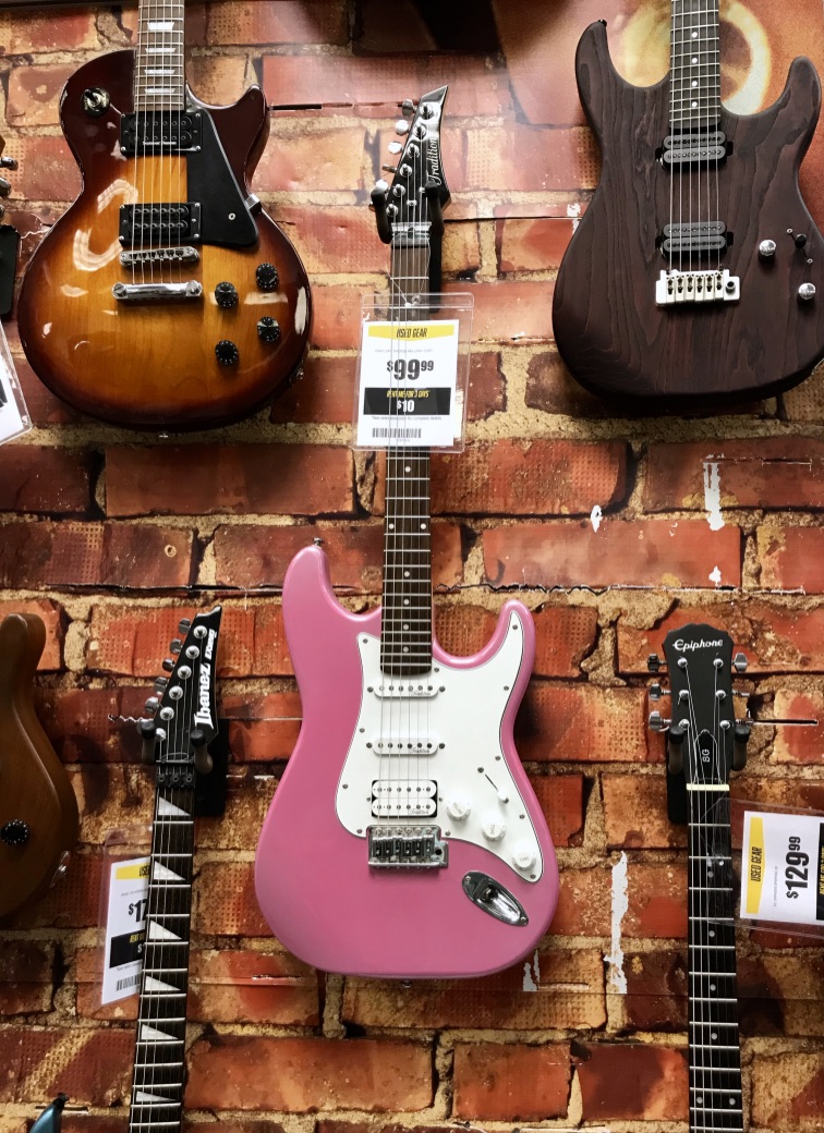 Electric guitars hanging on a wall
