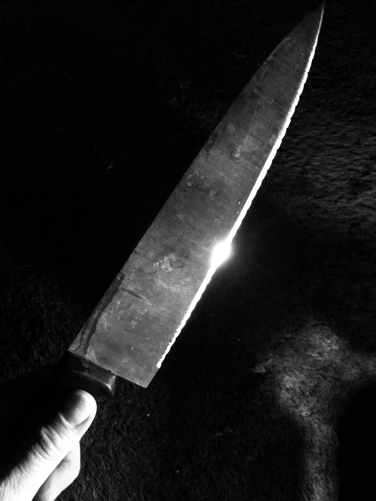 black and white  of a hand holding a butcher knife with a hard light source shining on it. 