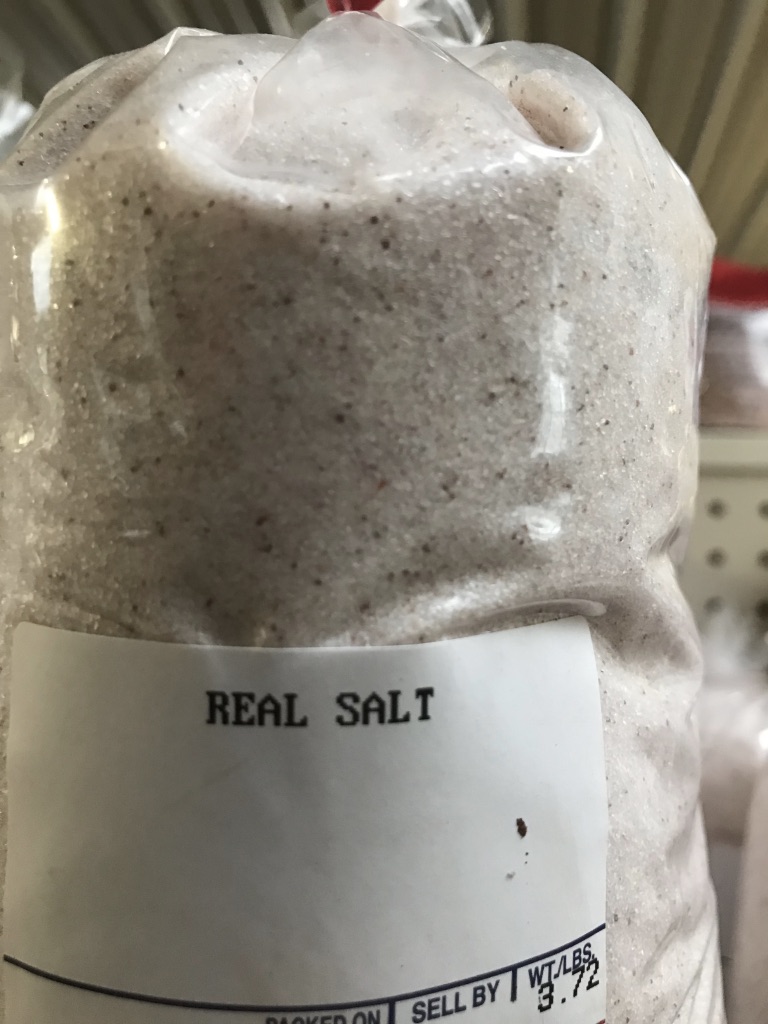 A bag labeled "Real Salt"