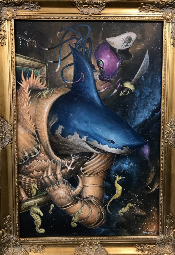 A painting of a shark in a metal suite with a human arm and a purple octopus dressed with a sward and a captain's hat.